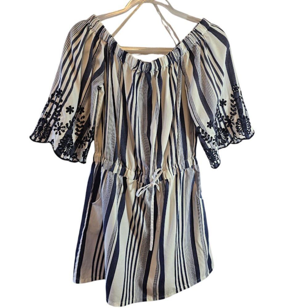 STYLE HOUSE NAVY WHITE OFF SHOULDER KNEE LENGTH DRESS XL ELASTIC WAIST